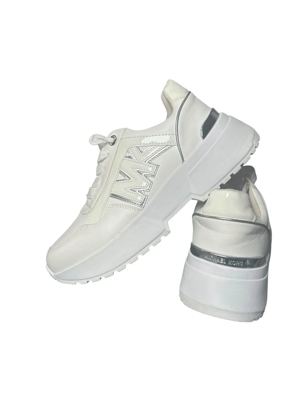 Michael Kors White Platform Lace-Up Sneakers with Silver Accents